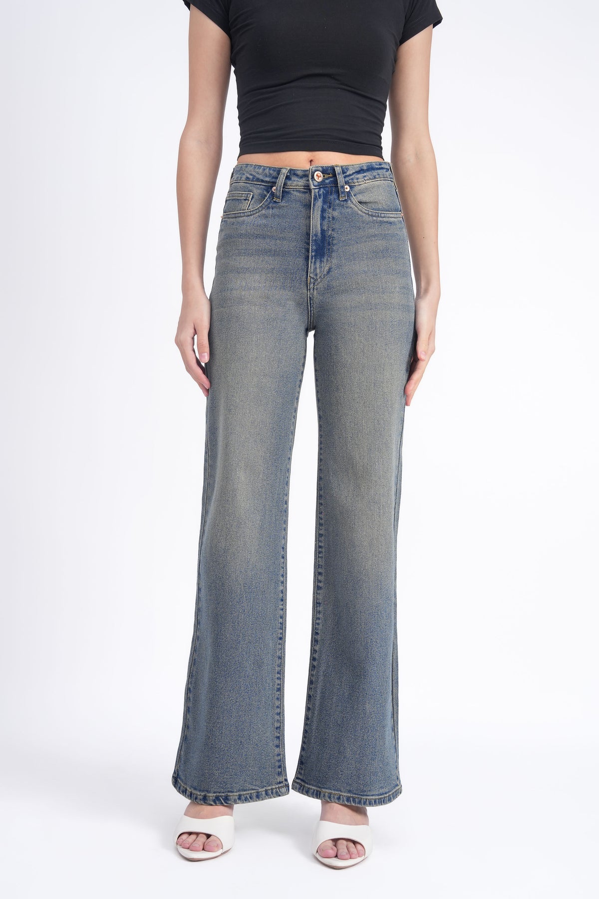 Women Stretchable High Rise Wide Leg Vintage Fade Jeans