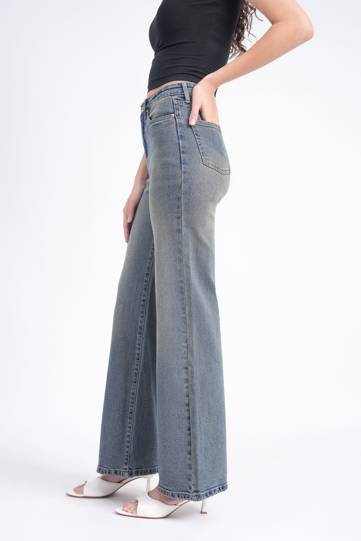 Women Stretchable High Rise Wide Leg Vintage Fade Jeans