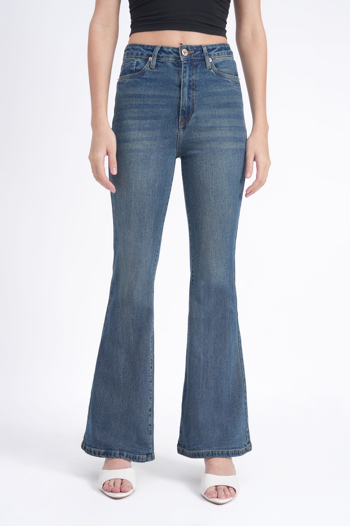 Women Stretchable High Rise Vintage Washed Flare Bootcut Jeans