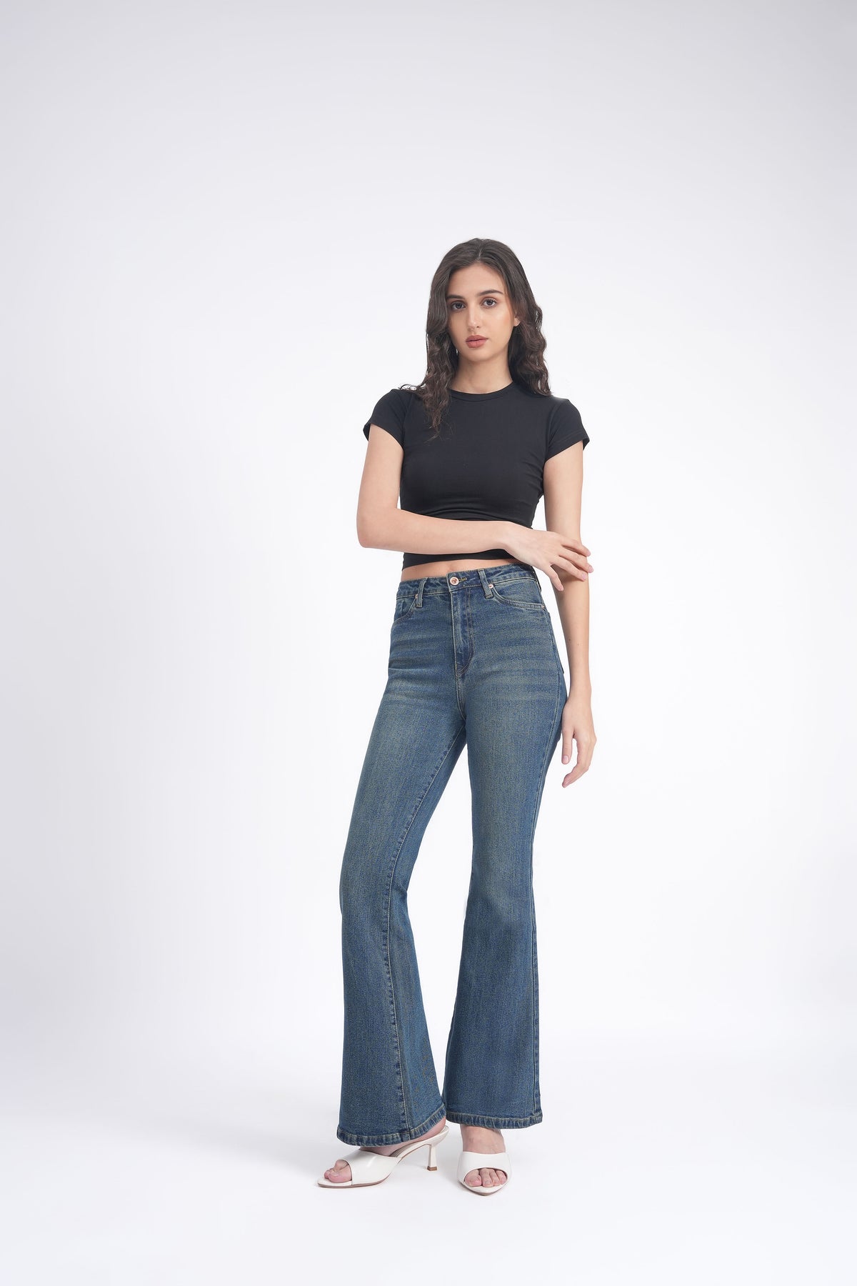 Women Stretchable High Rise Vintage Washed Flare Bootcut Jeans