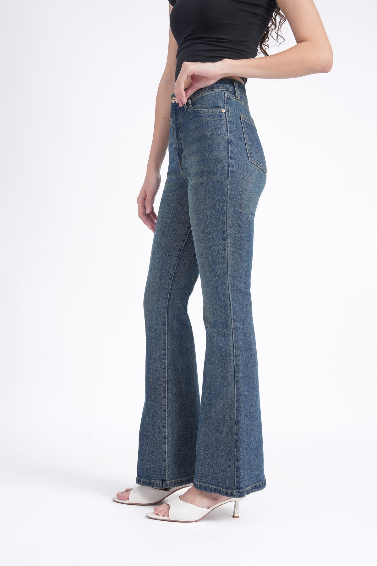 Women Stretchable High Rise Vintage Washed Flare Bootcut Jeans