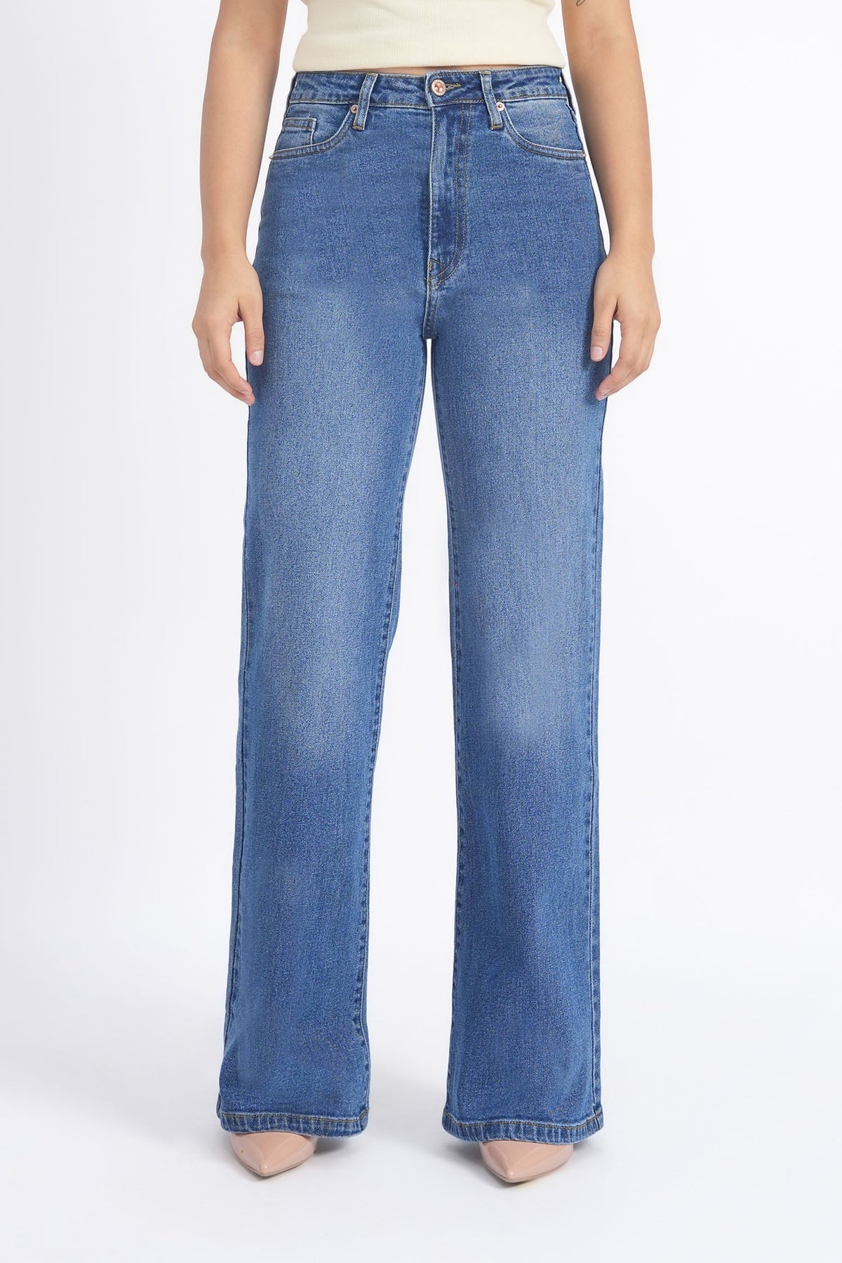 Women Stretchable High Rise Wide Leg Blue Fade Jeans