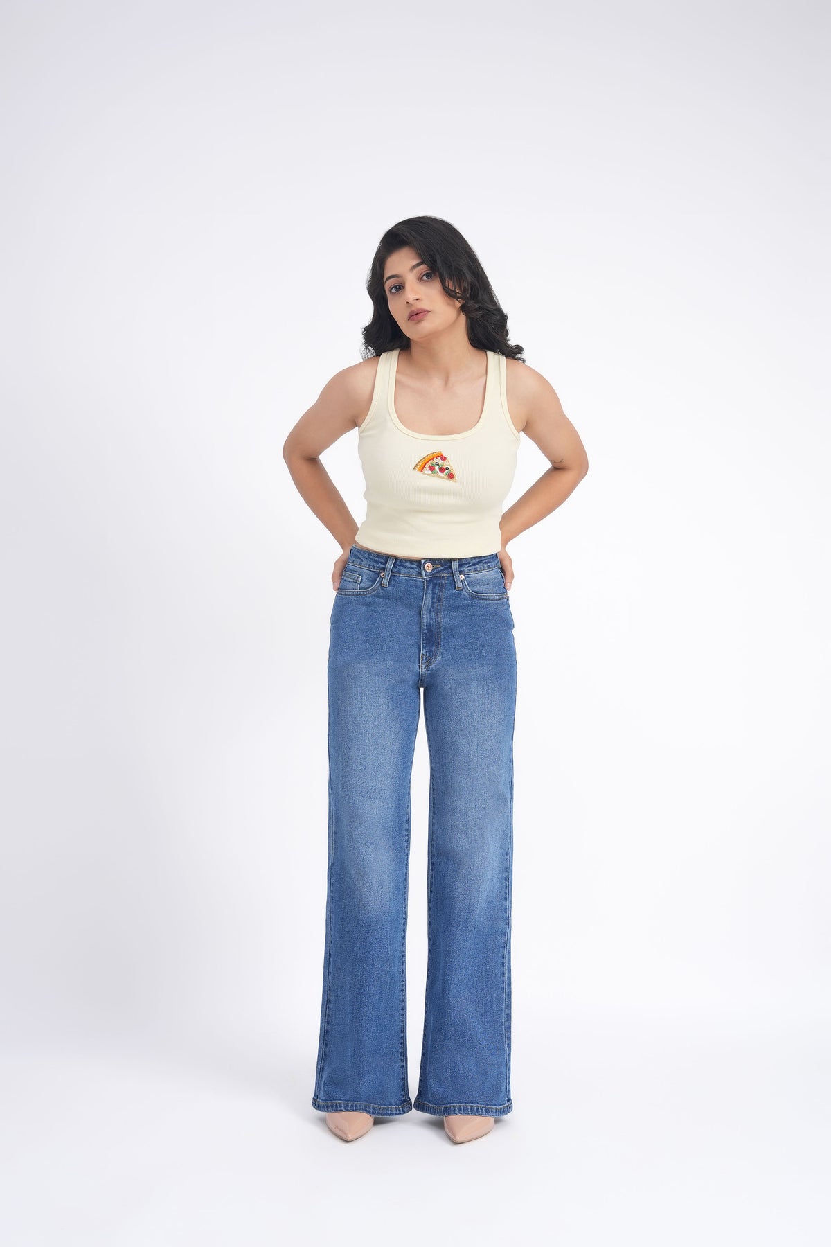 Women Stretchable High Rise Wide Leg Blue Fade Jeans