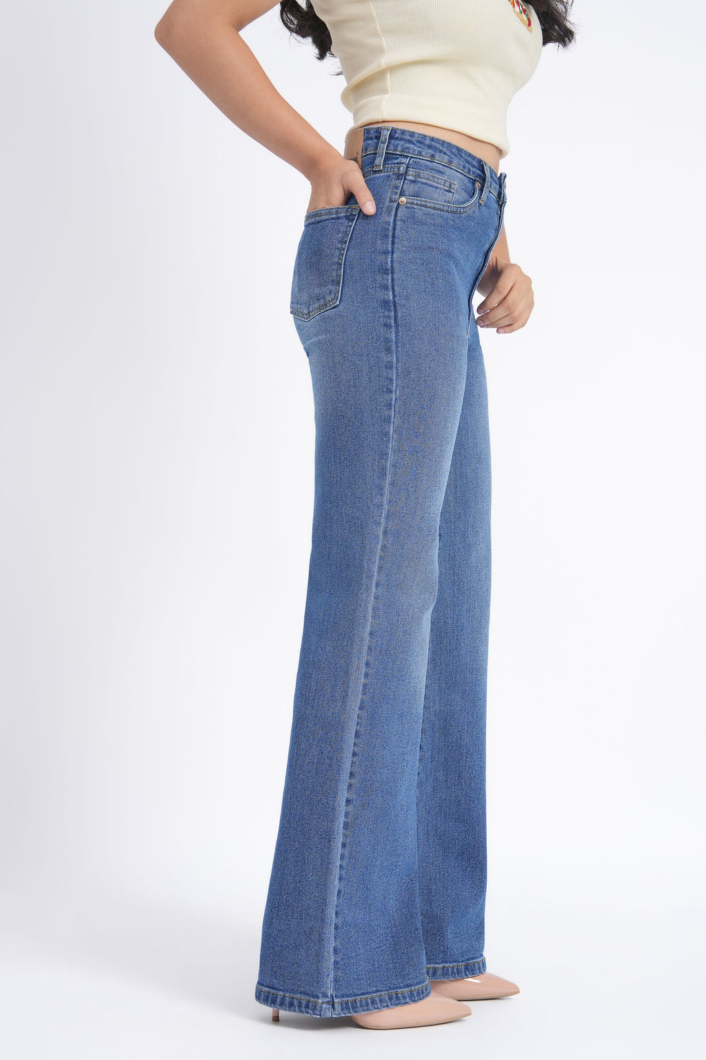 Women Stretchable High Rise Wide Leg Blue Fade Jeans