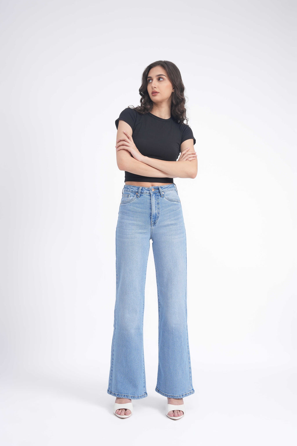 Women Stretchable High Rise Wide Leg Blue Fade Jeans