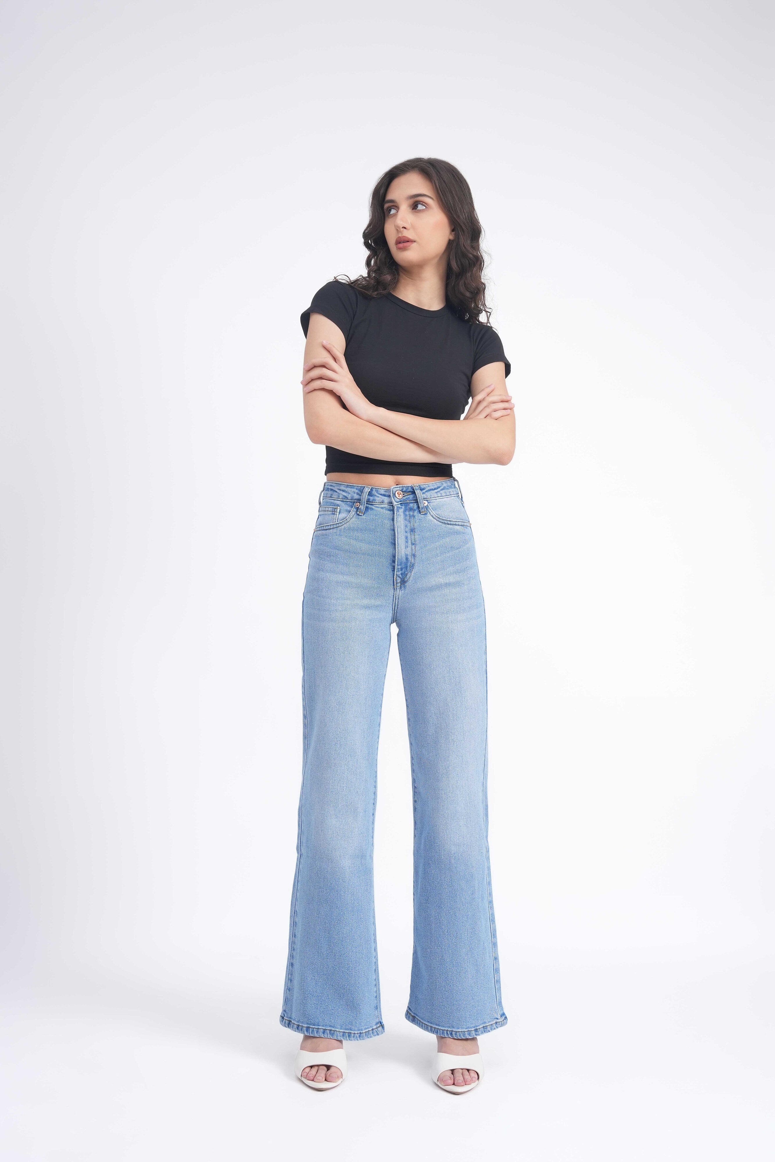 Women Stretchable High Rise Wide Leg Blue Fade Jeans