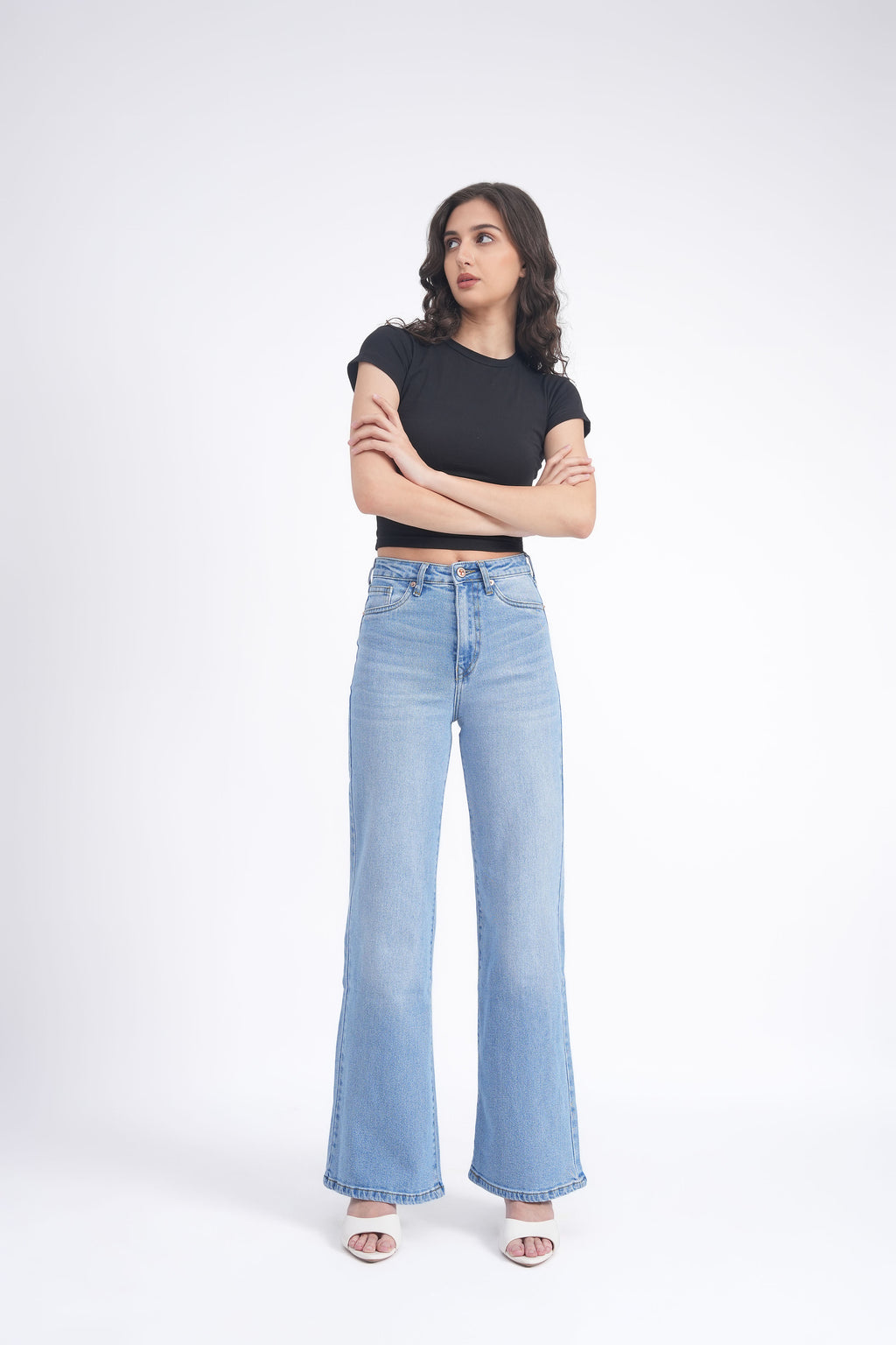 Women Stretchable High Rise Wide Leg Light Blue Fade Jeans