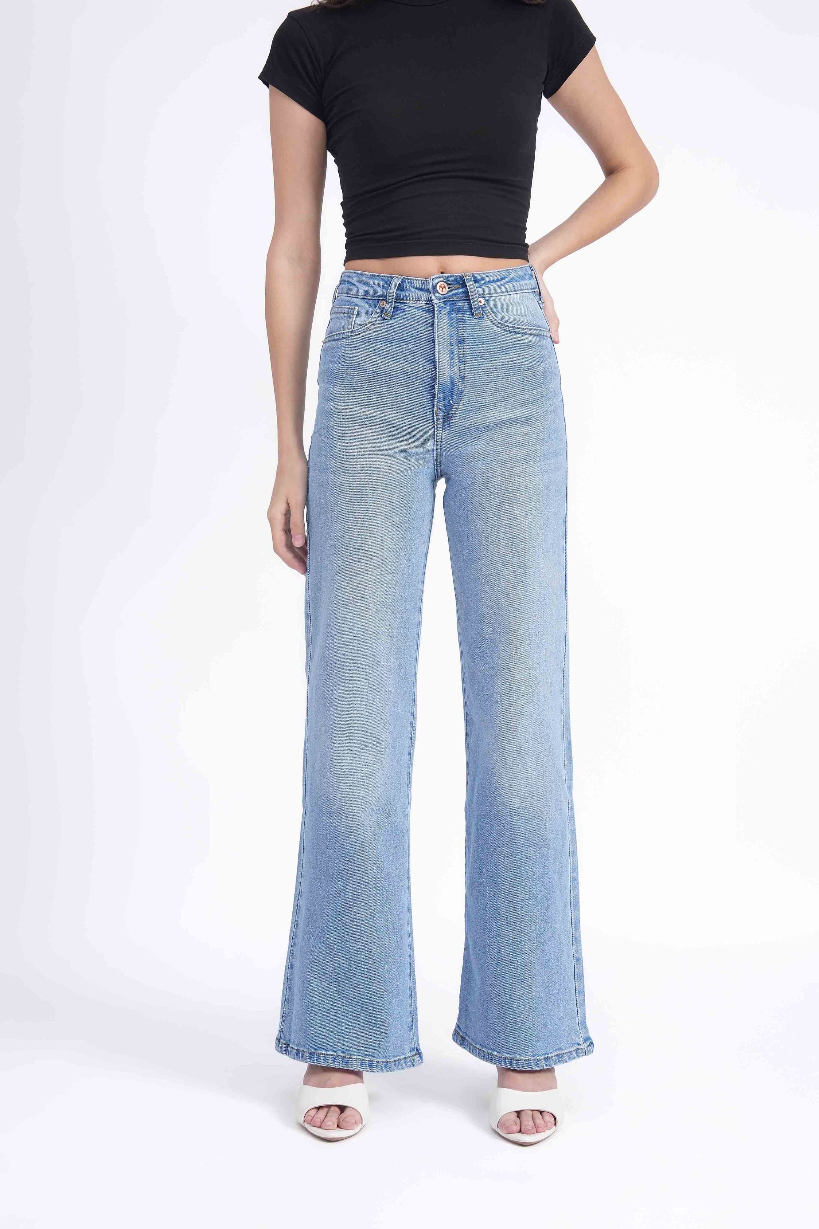 Women Stretchable High Rise Wide Leg Blue Fade Jeans