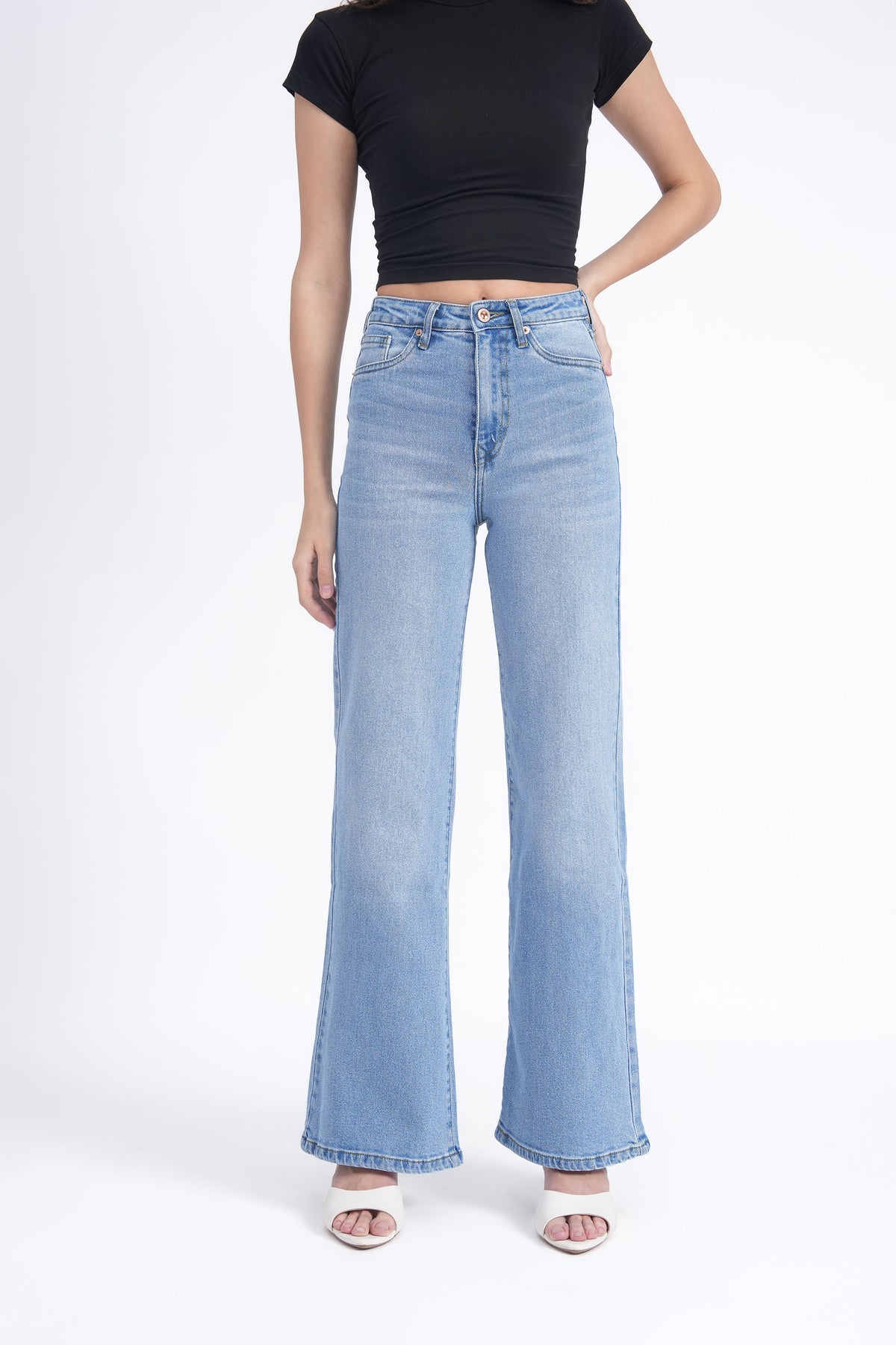 Women Stretchable High Rise Wide Leg Light Blue Fade Jeans