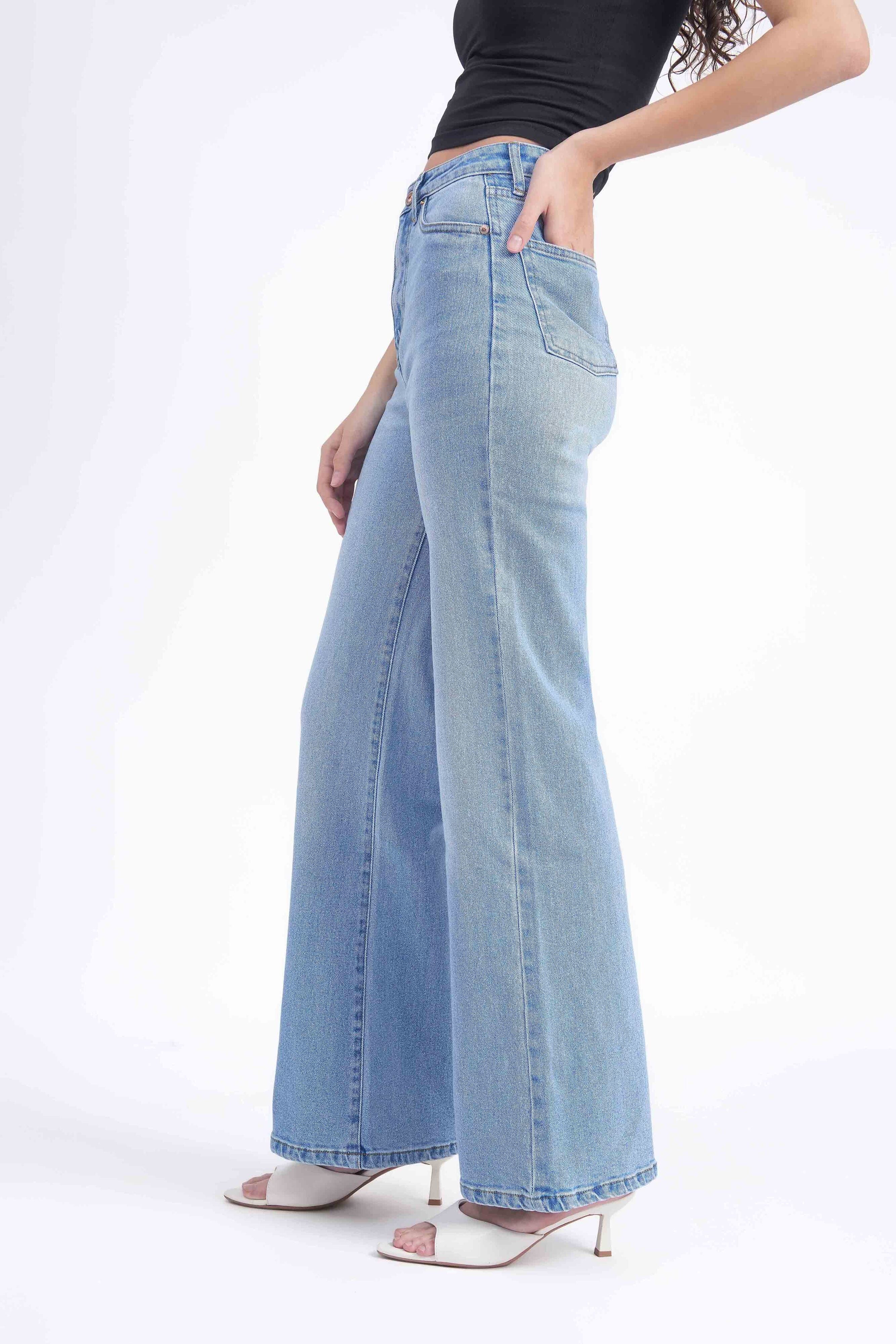 Women Stretchable High Rise Wide Leg Blue Fade Jeans