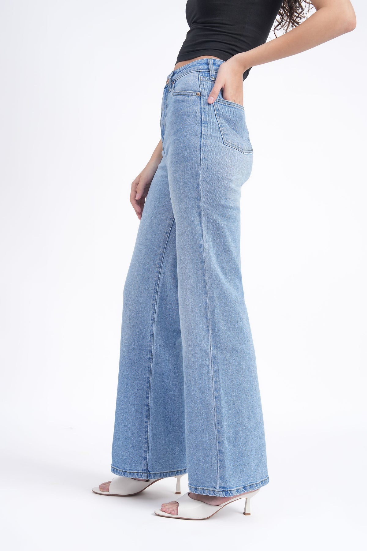 Women Stretchable High Rise Wide Leg Light Blue Fade Jeans