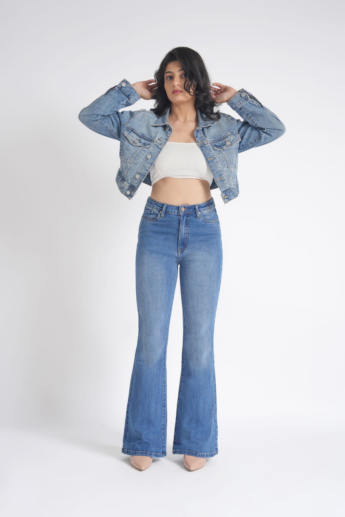 Women Stretchable High Rise Blue Flare Bootcut Jeans