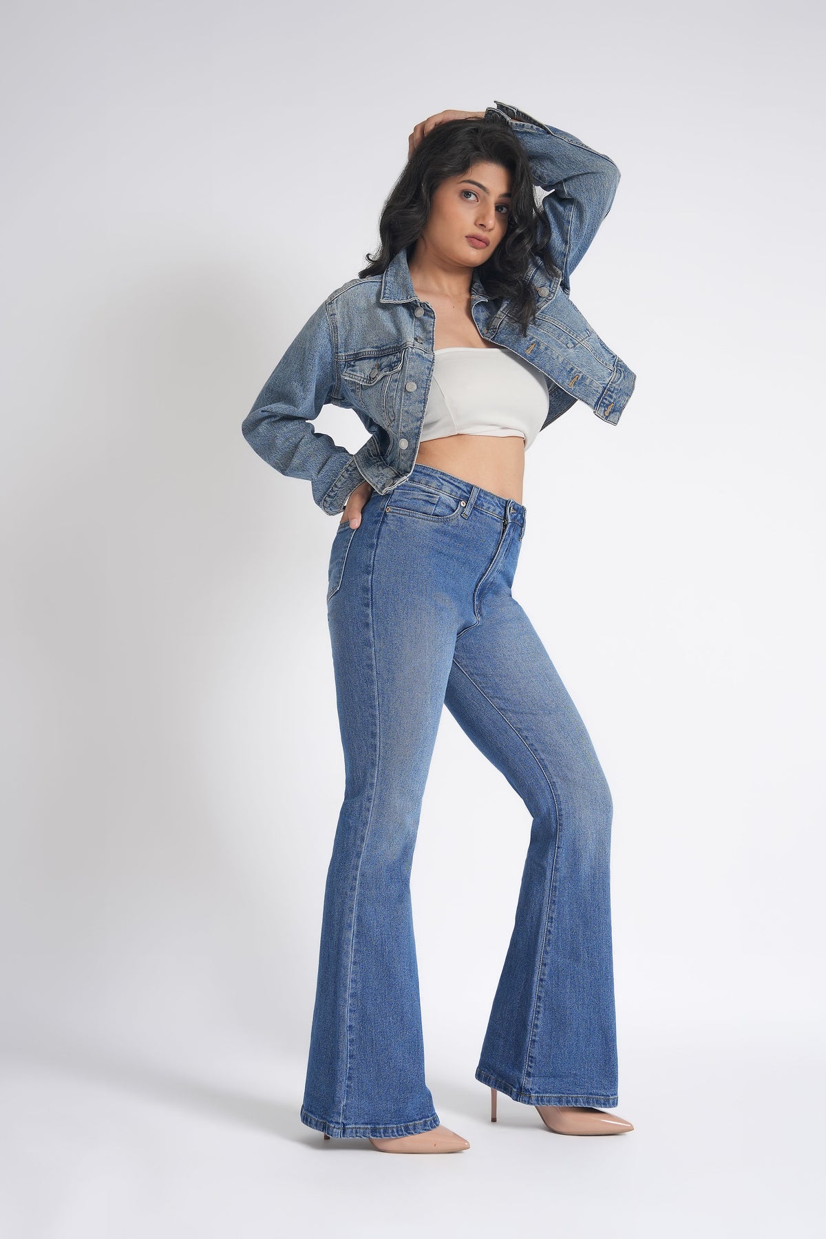 Women Stretchable High Rise Blue Flare Bootcut Jeans