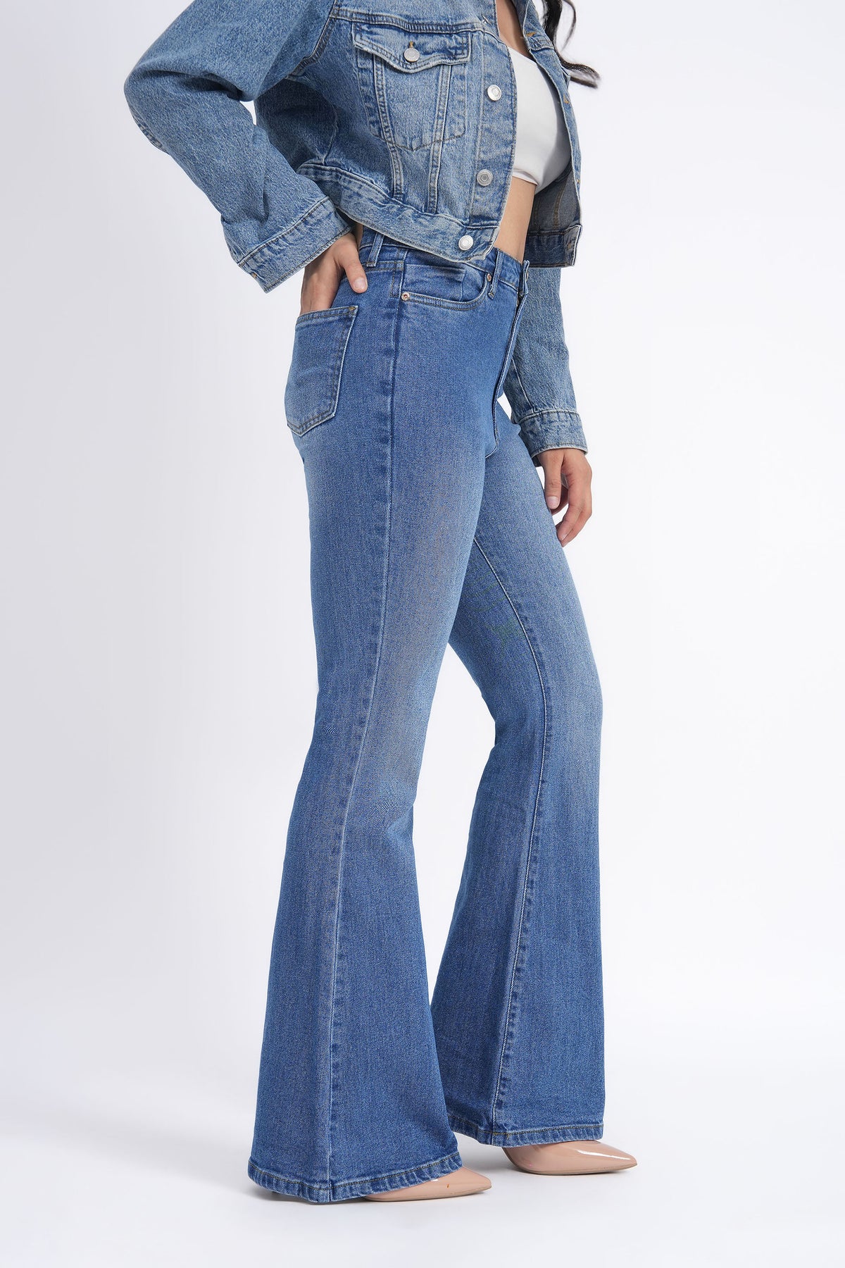 Women Stretchable High Rise Blue Flare Bootcut Jeans