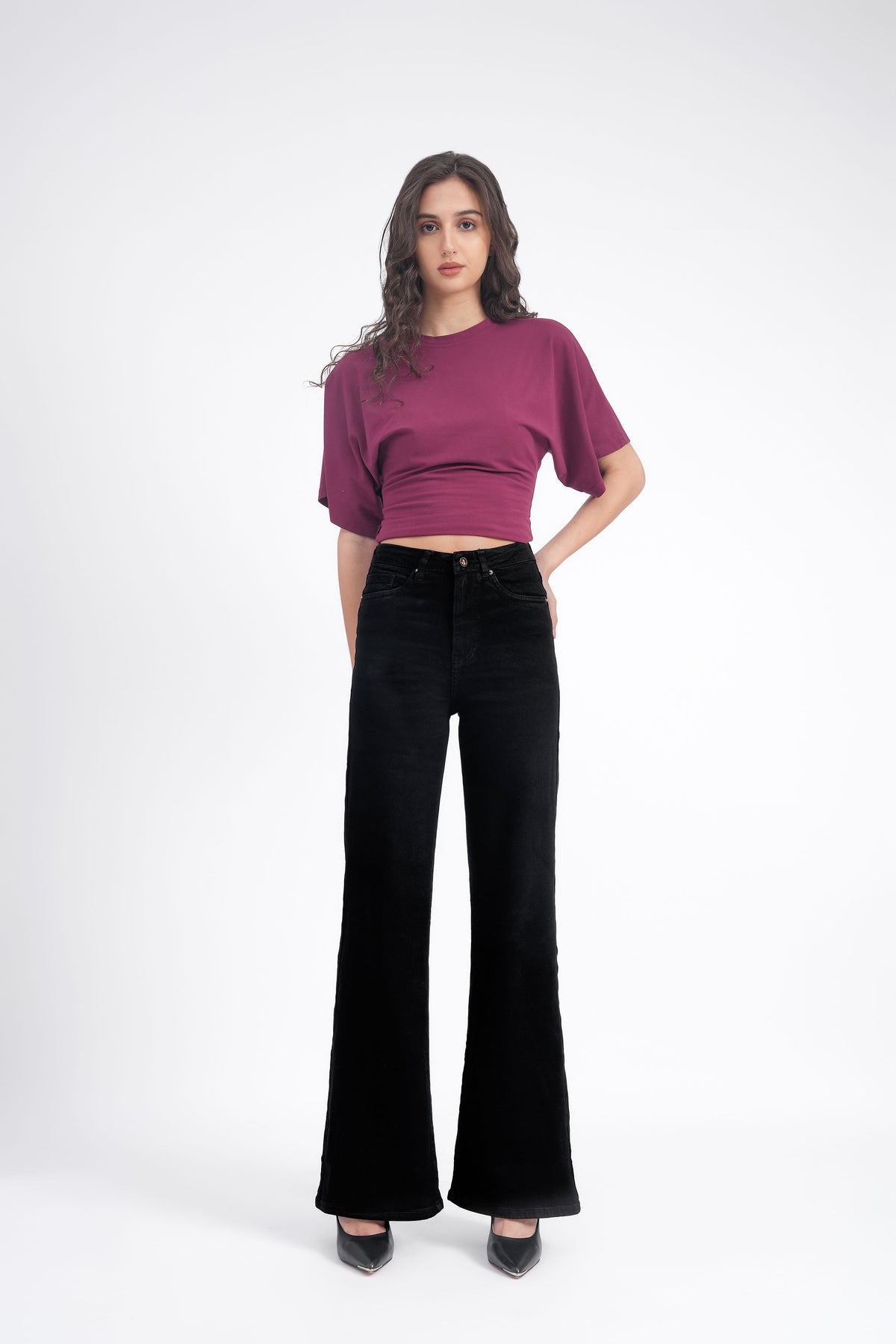 Women Stretchable High Waist Black Wide Leg Jeans