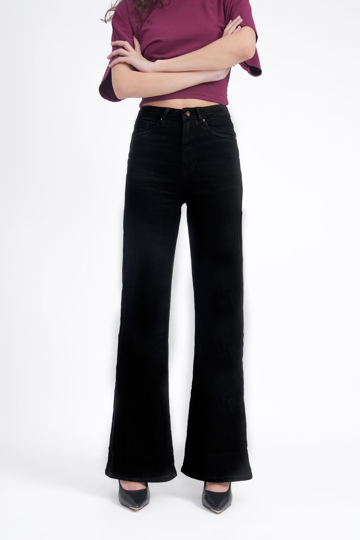 Women Stretchable High Waist Black Wide Leg Jeans