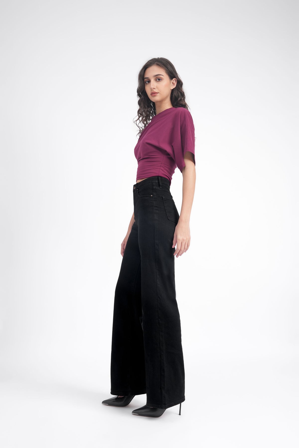 Women Stretchable High Waist Black Wide Leg Jeans
