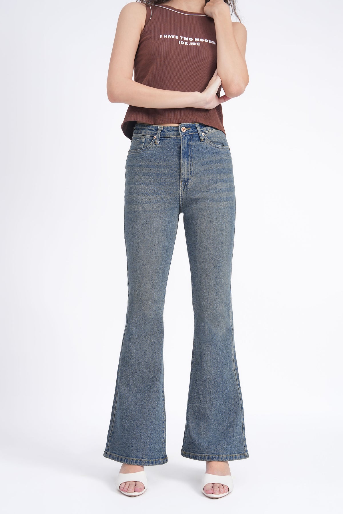 Women Stretchable High Rise Vintage Washed Flare Bootcut Jeans