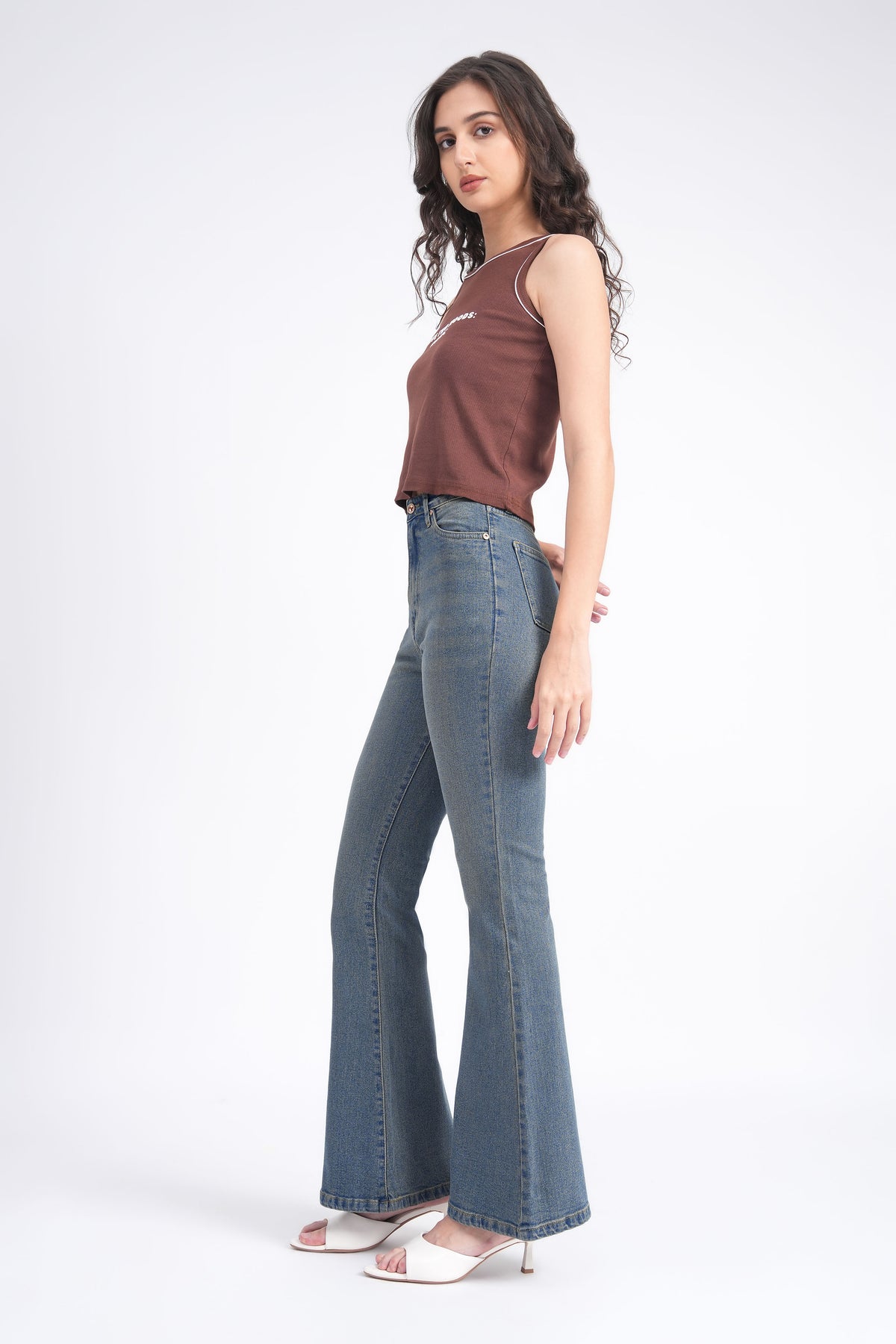 Women Stretchable High Rise Vintage Washed Flare Bootcut Jeans