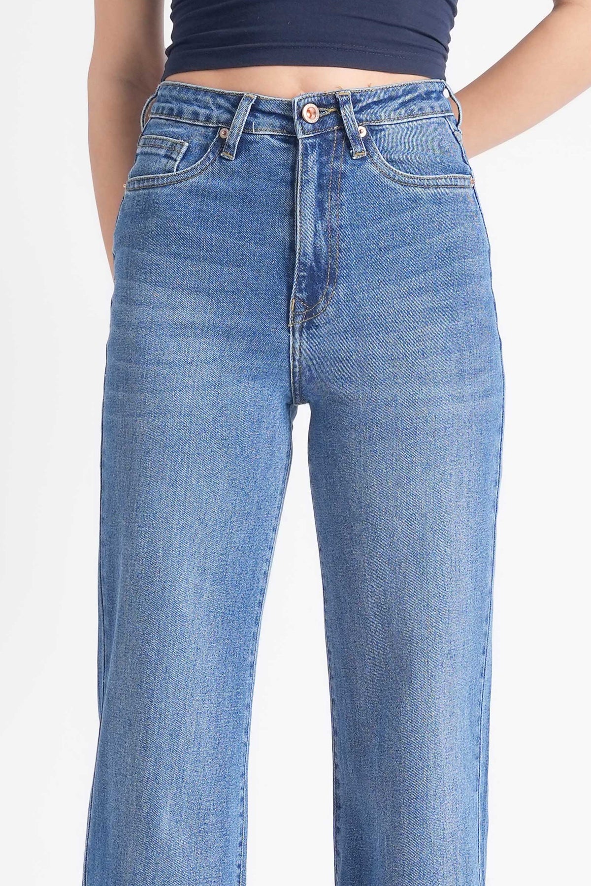 Women Stretchable High Rise Wide Leg Blue Fade Jeans