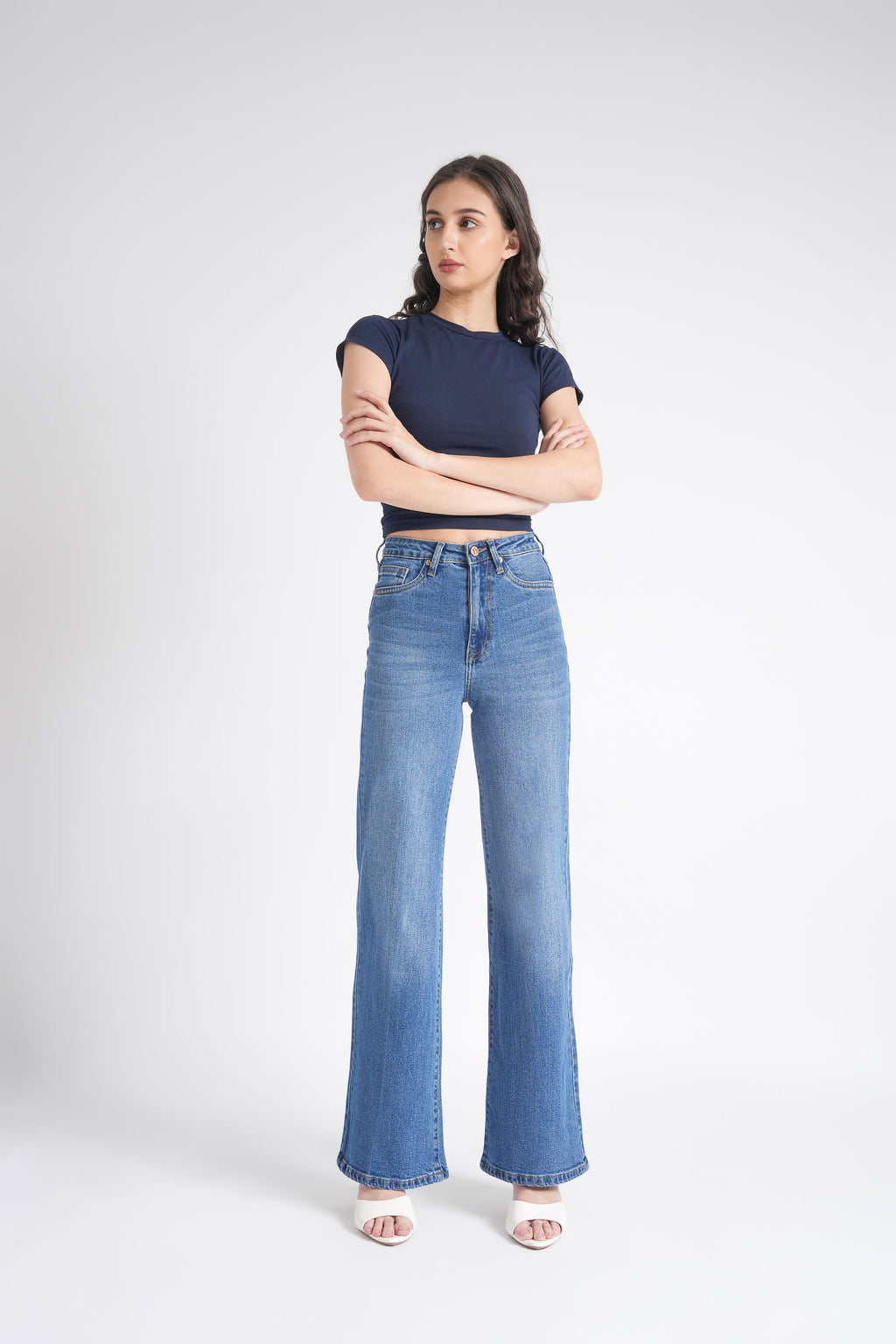 Women Stretchable High Rise Wide Leg Blue Fade Jeans