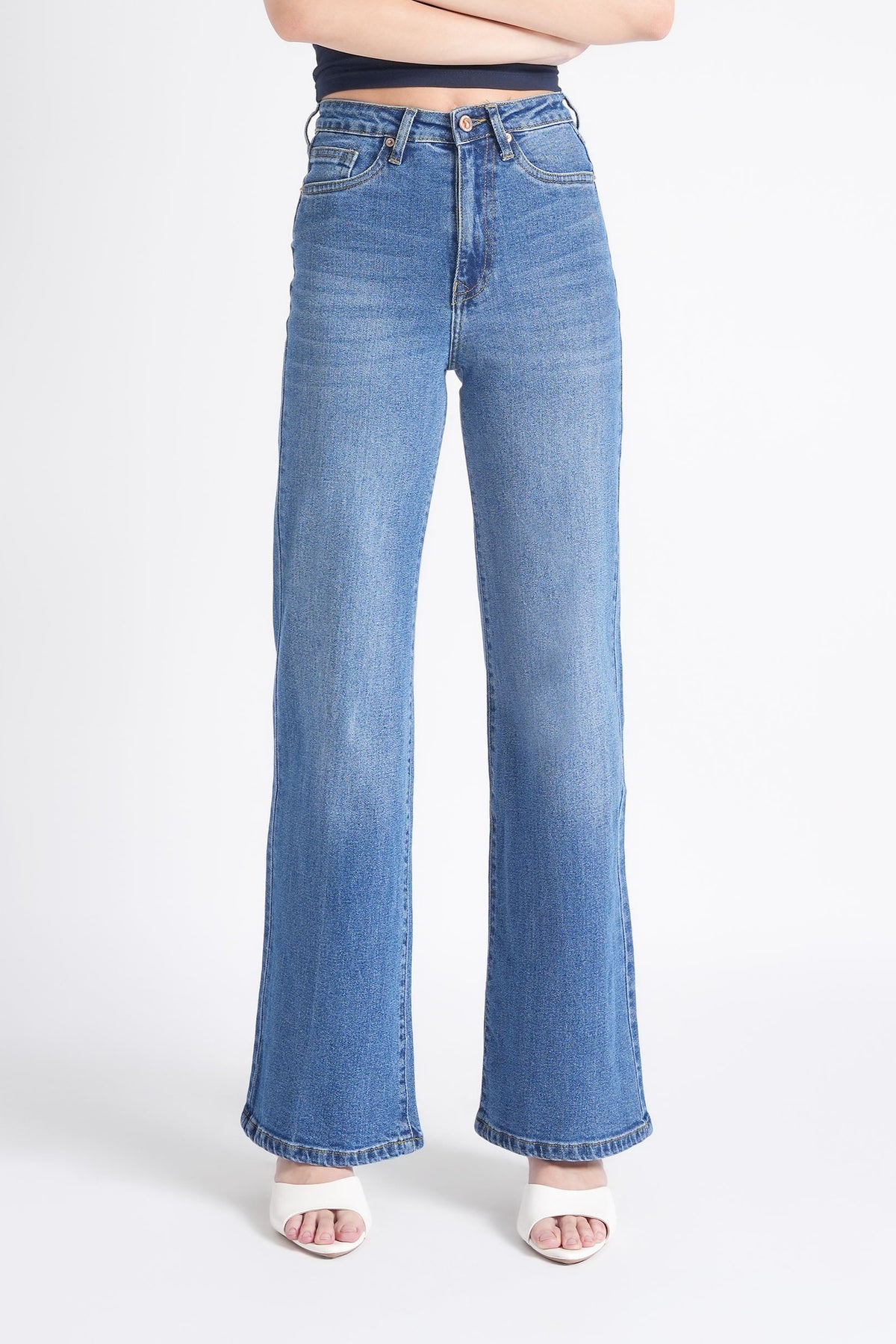 Women Stretchable High Rise Wide Leg Blue Fade Jeans