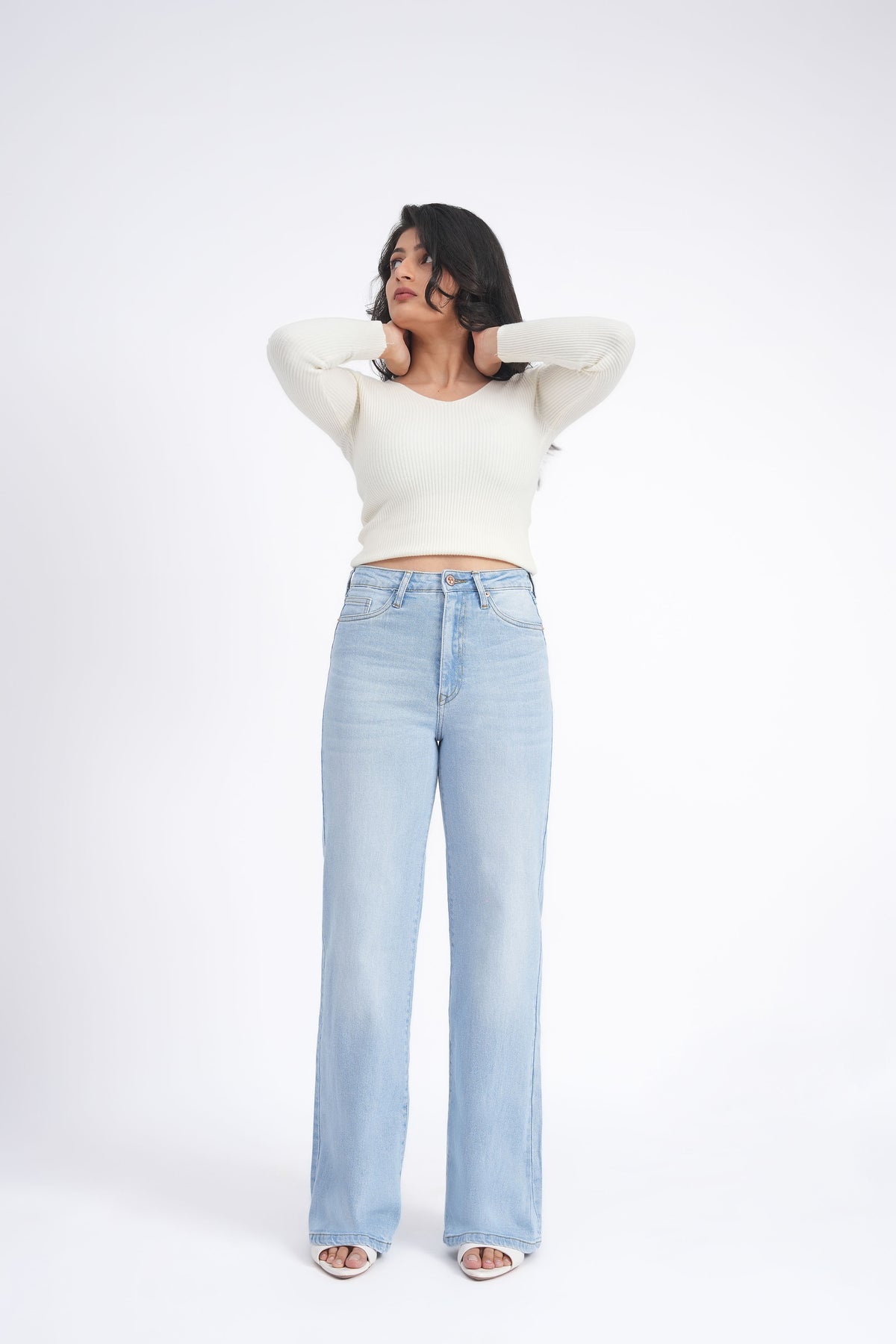 Women Stretchable High Rise Wide Leg Light Blue Fade Jeans