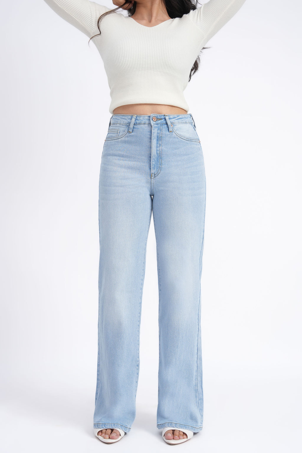 Women Stretchable High Rise Wide Leg Light Blue Fade Jeans
