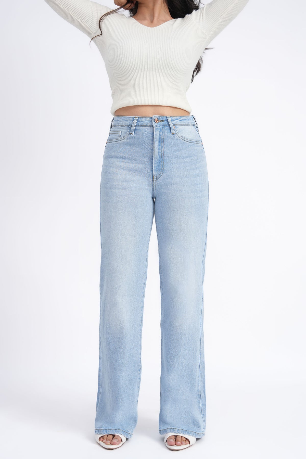 Women Stretchable High Rise Wide Leg Light Blue Fade Jeans