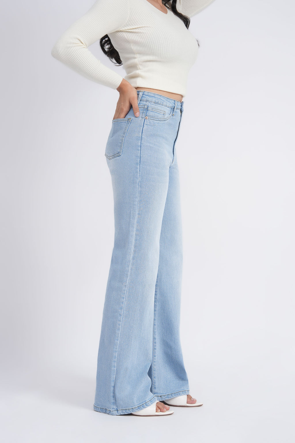 Women Stretchable High Rise Wide Leg Light Blue Fade Jeans
