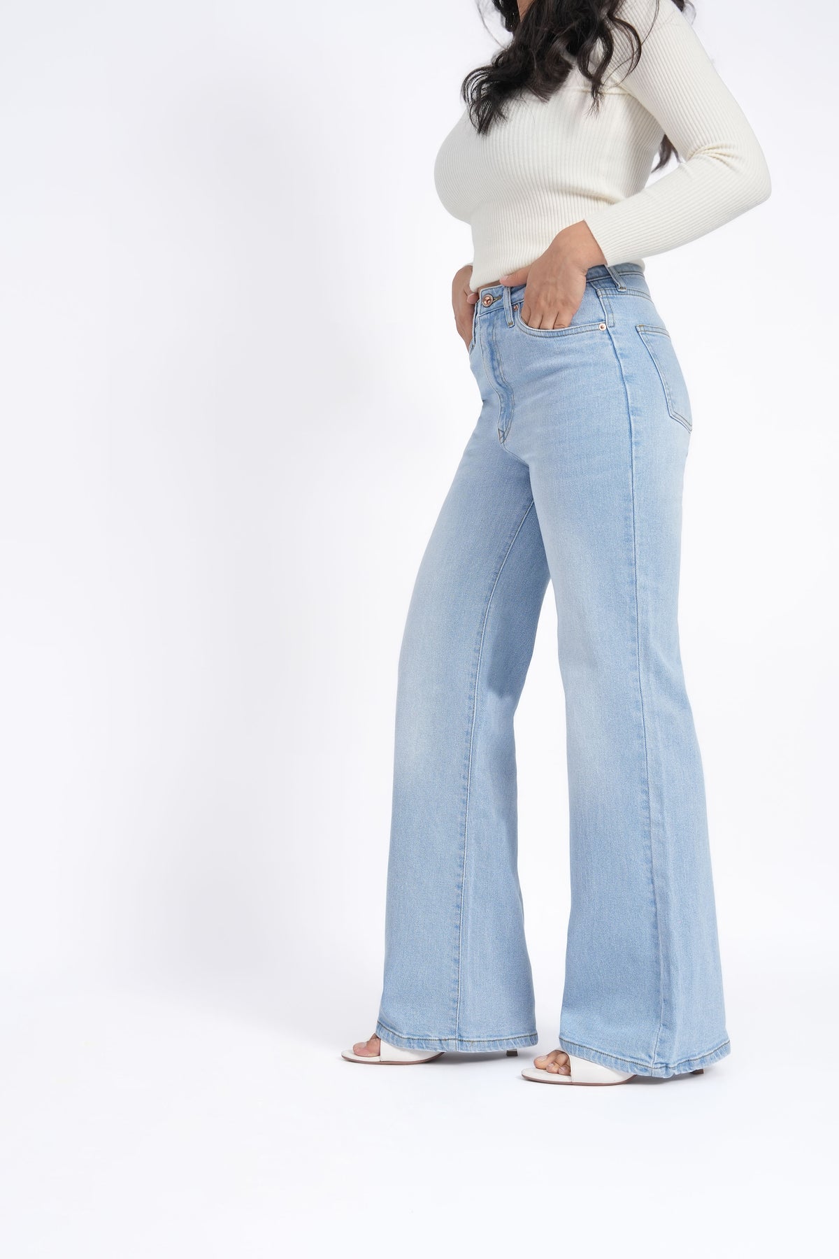 Women Stretchable High Rise Wide Leg Light Blue Fade Jeans
