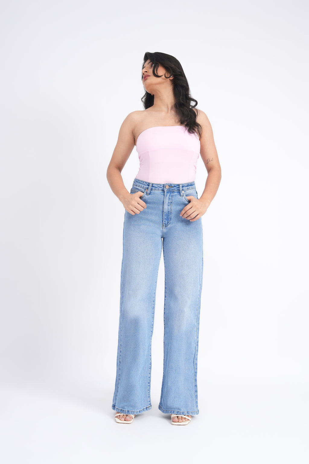 Women Stretchable High Rise Wide Leg Blue Fade Jeans