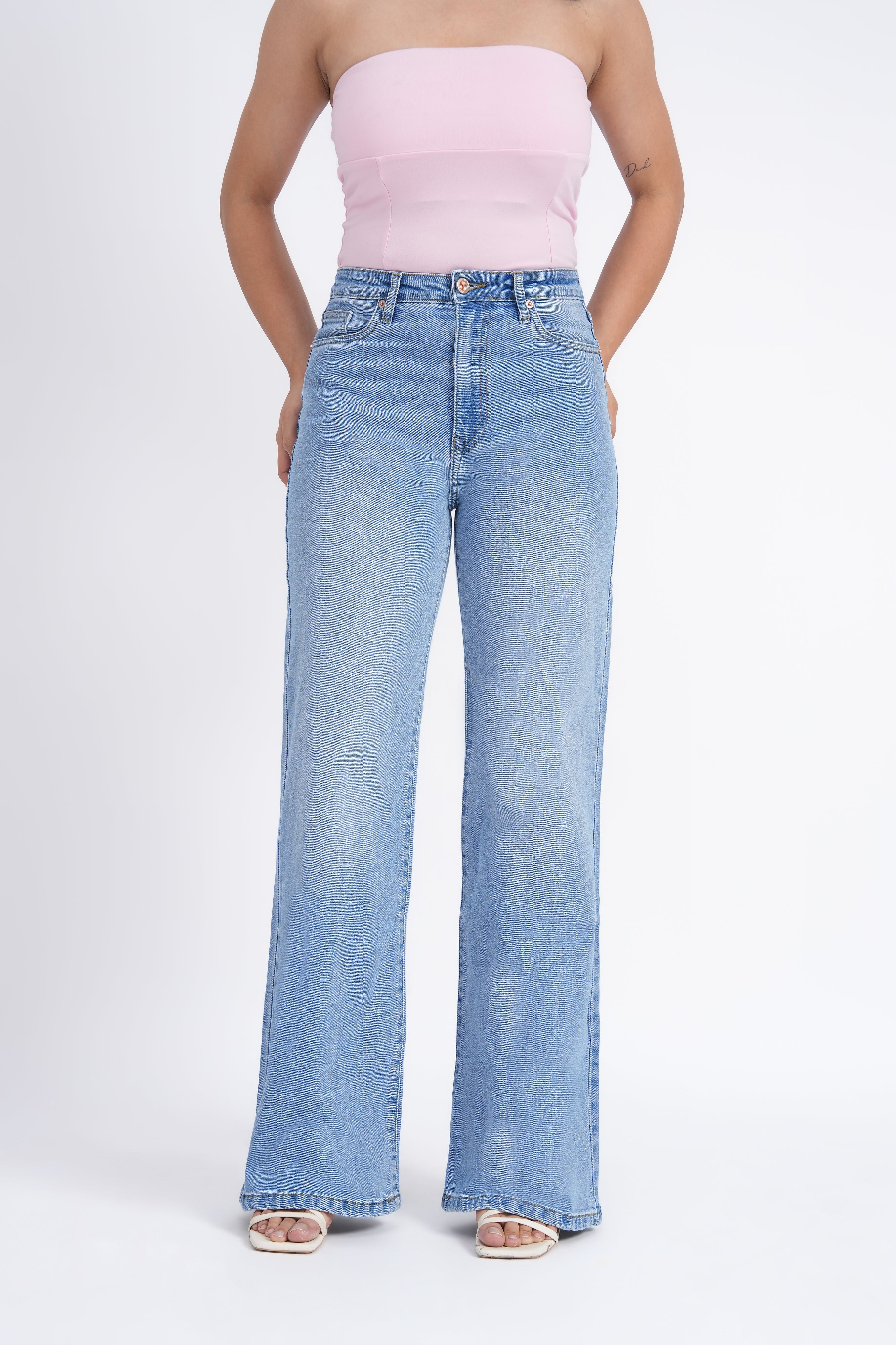 Women Stretchable High Rise Wide Leg Blue Fade Jeans