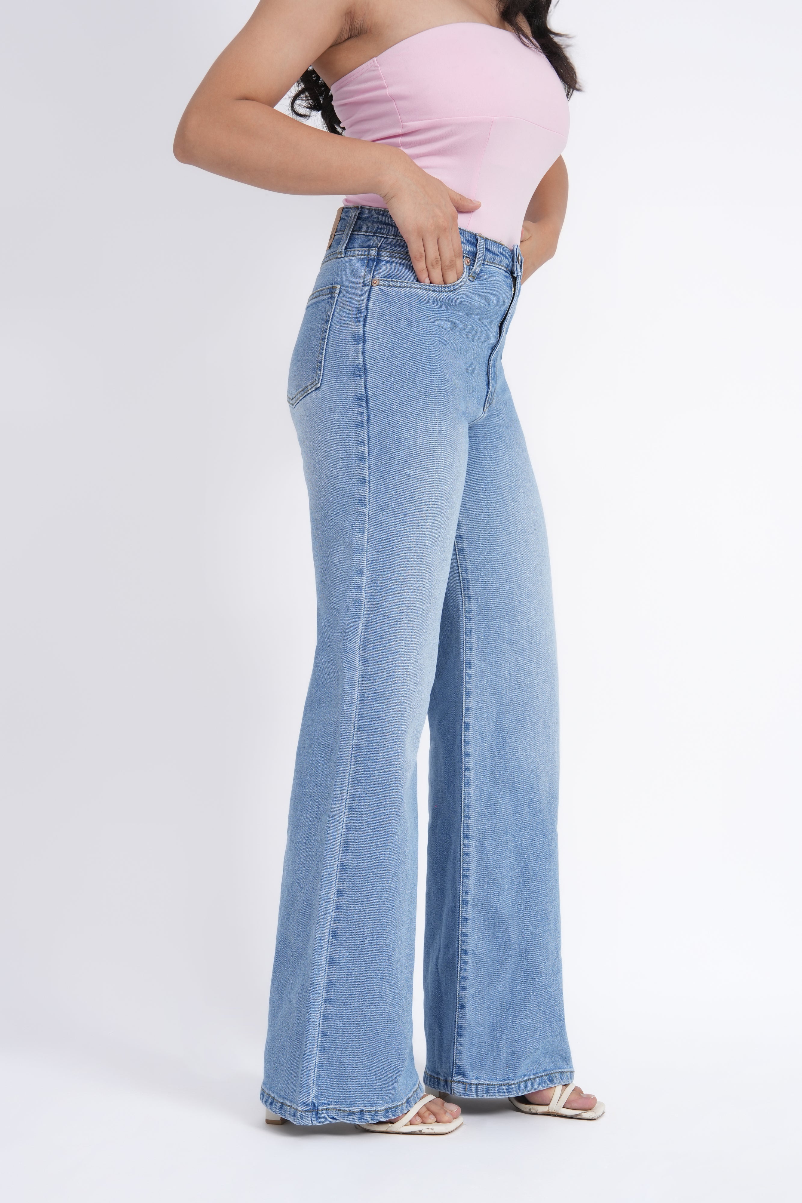 Women Stretchable High Rise Wide Leg Blue Fade Jeans