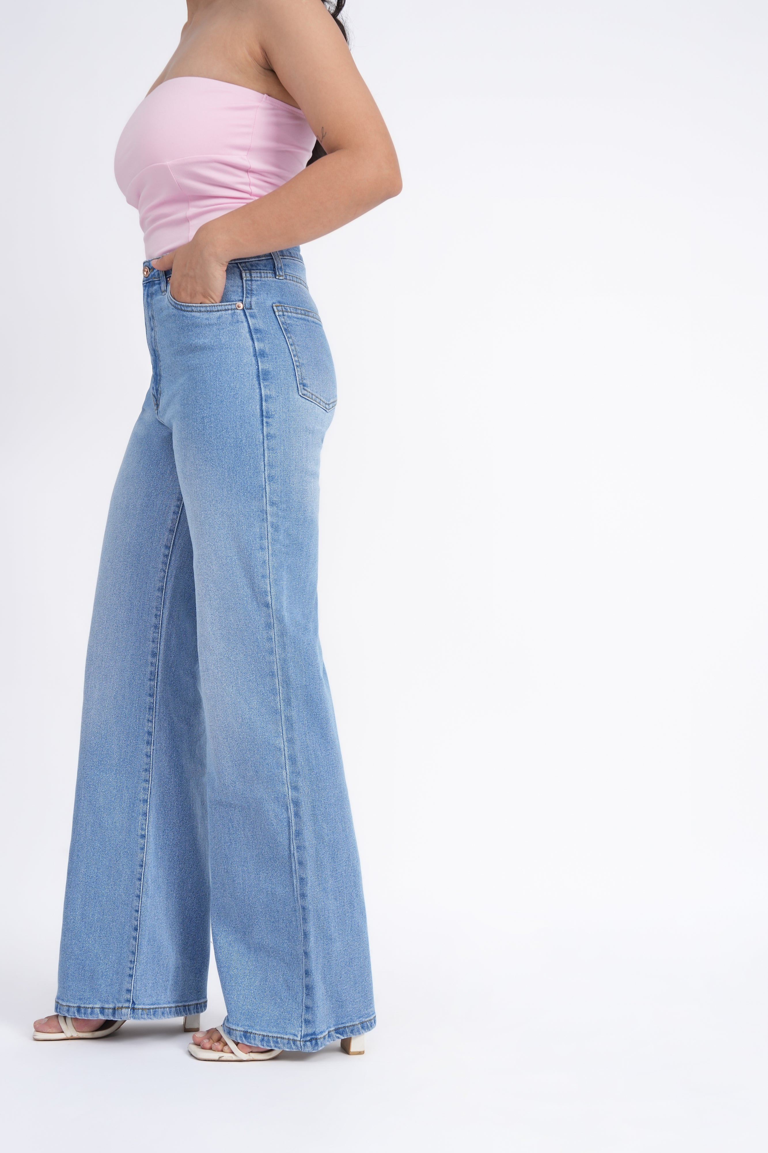 Women Stretchable High Rise Wide Leg Blue Fade Jeans