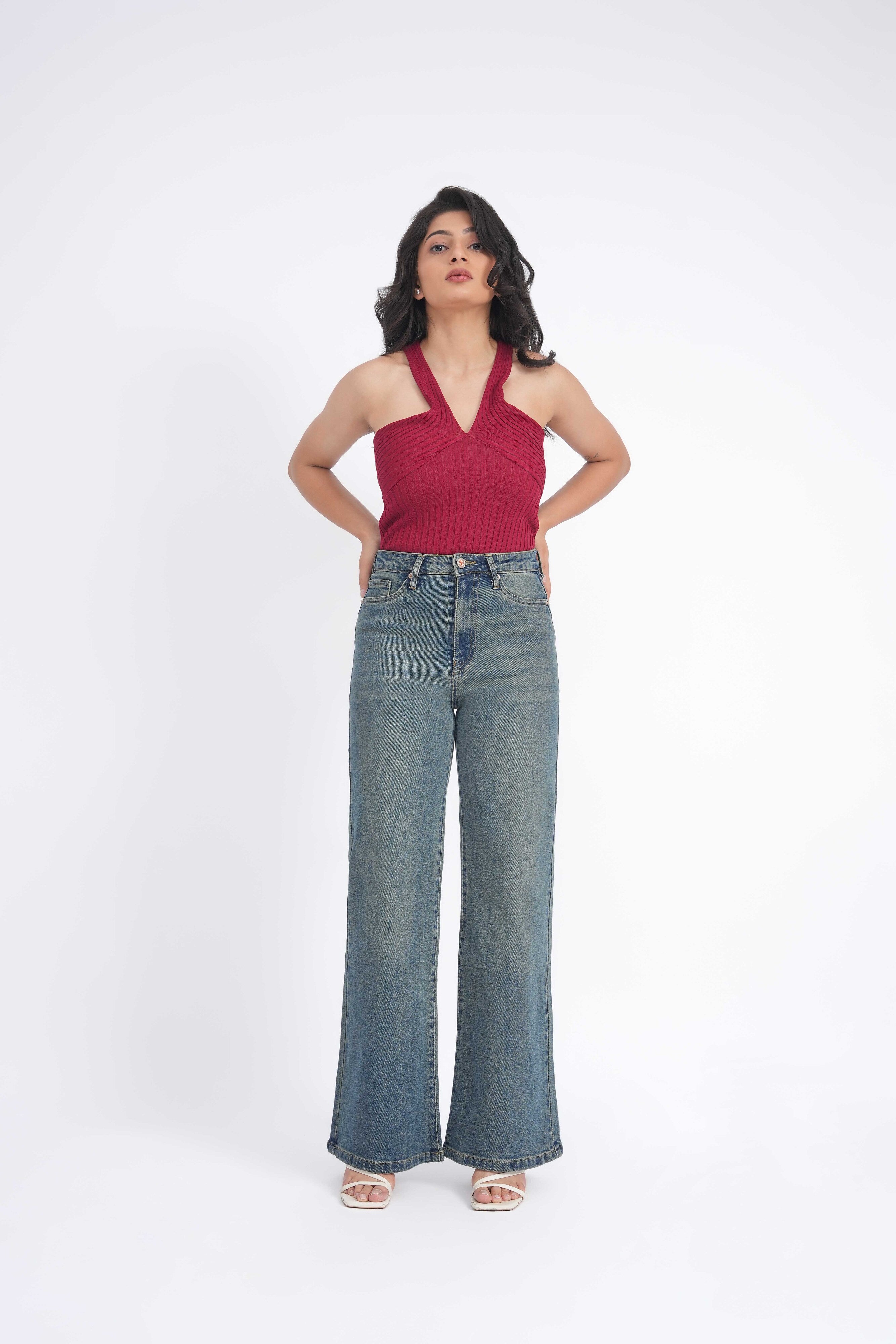 Women Stretchable High Rise Wide Leg Light Fade Jeans
