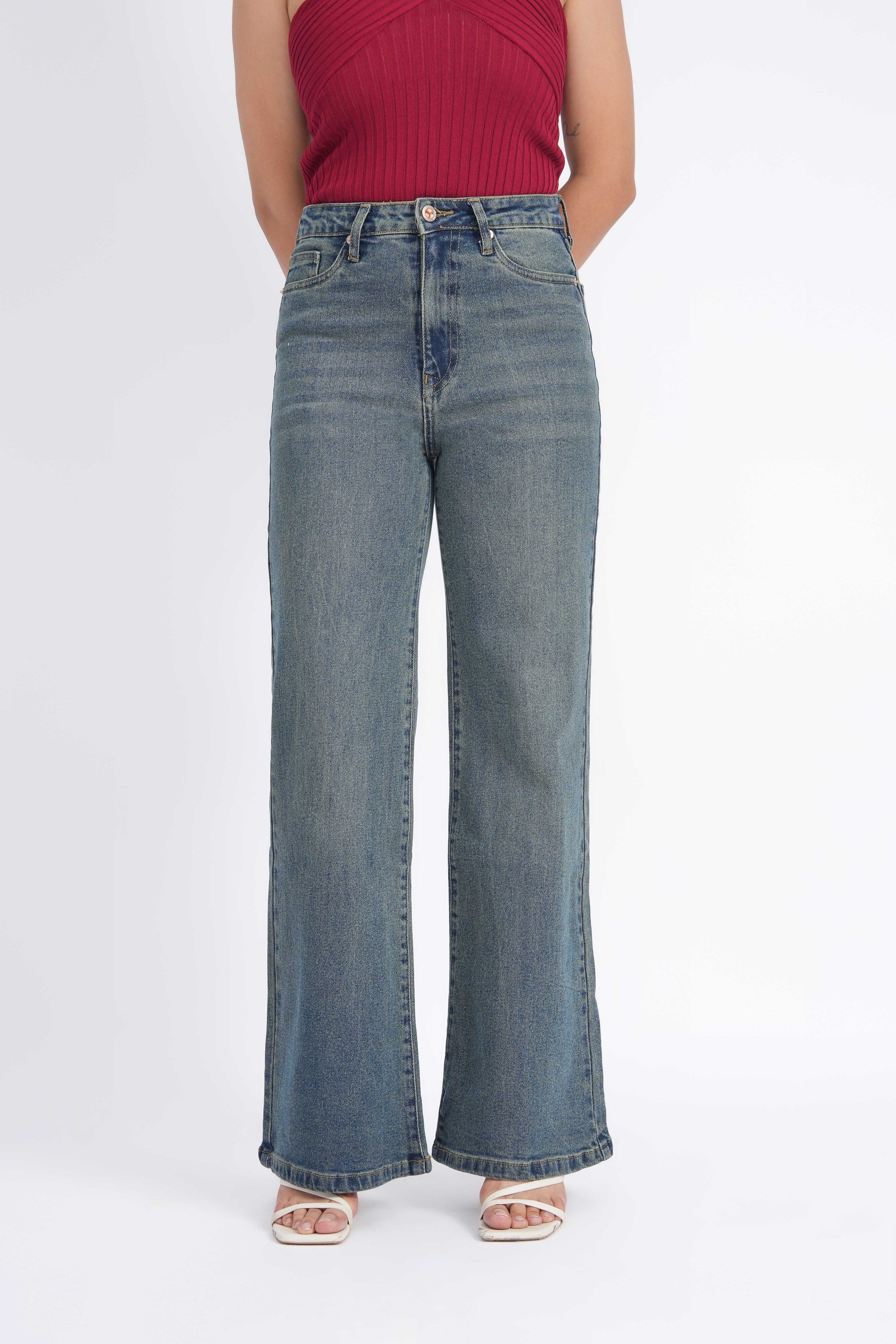 Women Stretchable High Rise Wide Leg Light Fade Jeans