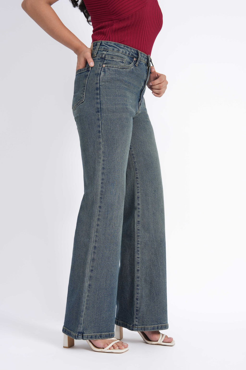 Women Stretchable High Rise Wide Leg Light Fade Jeans