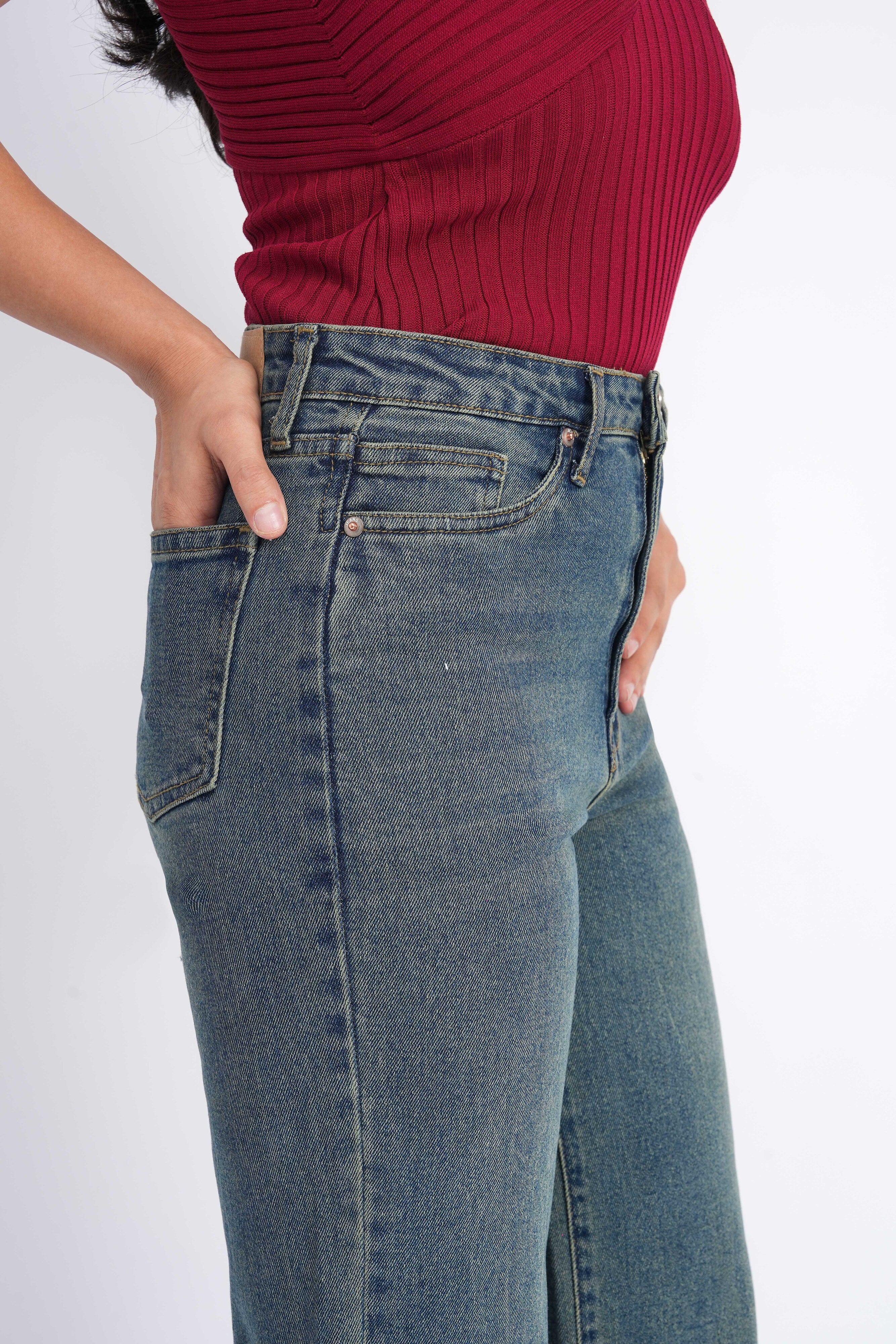 Women Stretchable High Rise Wide Leg Light Fade Jeans