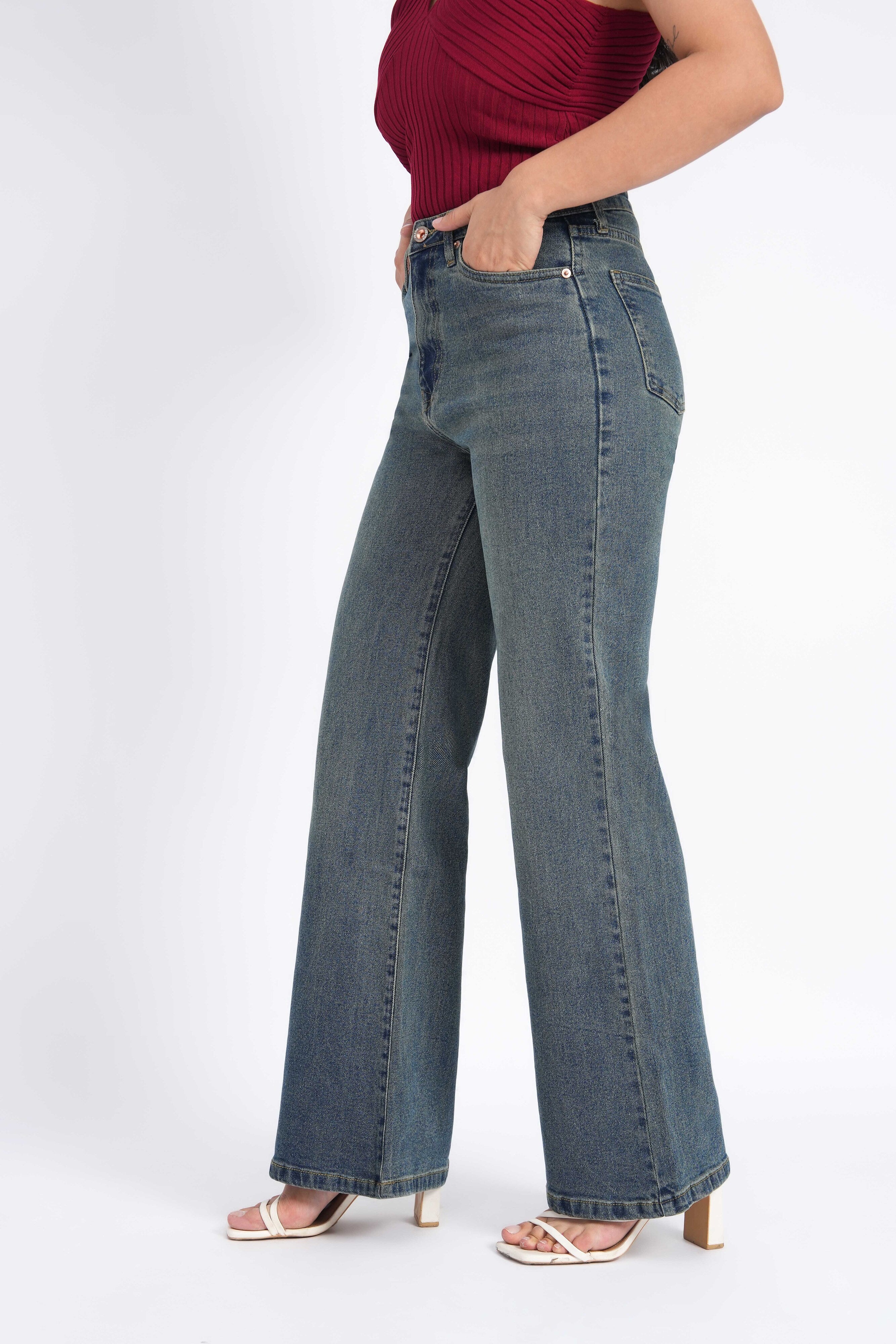Women Stretchable High Rise Wide Leg Light Fade Jeans