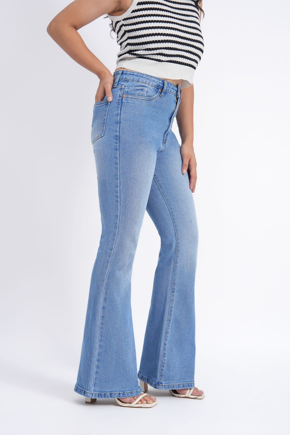 Women Stretchable High Rise Light Blue Flare Bootcut Jeans